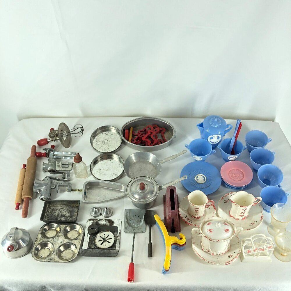 Lot Of 1940's & 50's Toy Metal Cookware And Plastic Tea Sets And Dishes